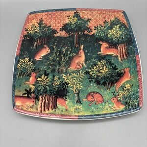 Caccia Italian Ceramic Square Plate W/ Rabbits Made In Italy 8.5x8.5 Renaissance